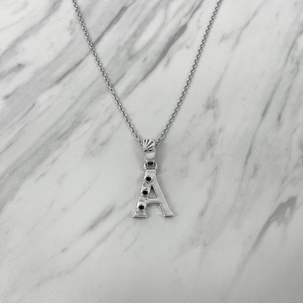 Alphabet A Sterling Silver Necklace with 3 Black Cubic Zirconia Stones