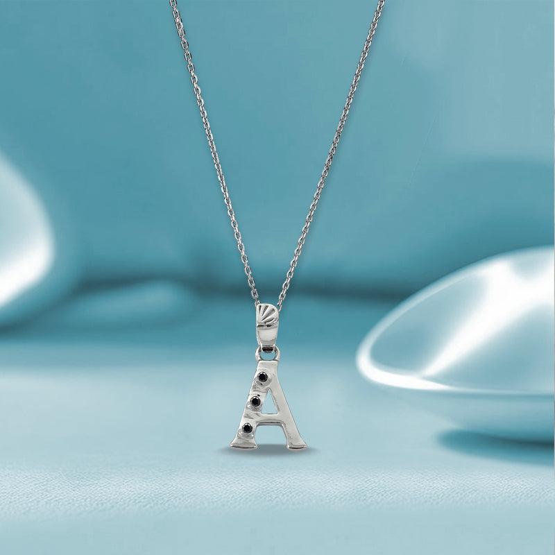 Alphabet A Sterling Silver Necklace with 3 Black Cubic Zirconia Stones