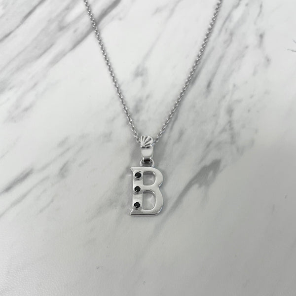 Alphabet B Sterling Silver Necklace with 3 Black Cubic Zirconia Stones