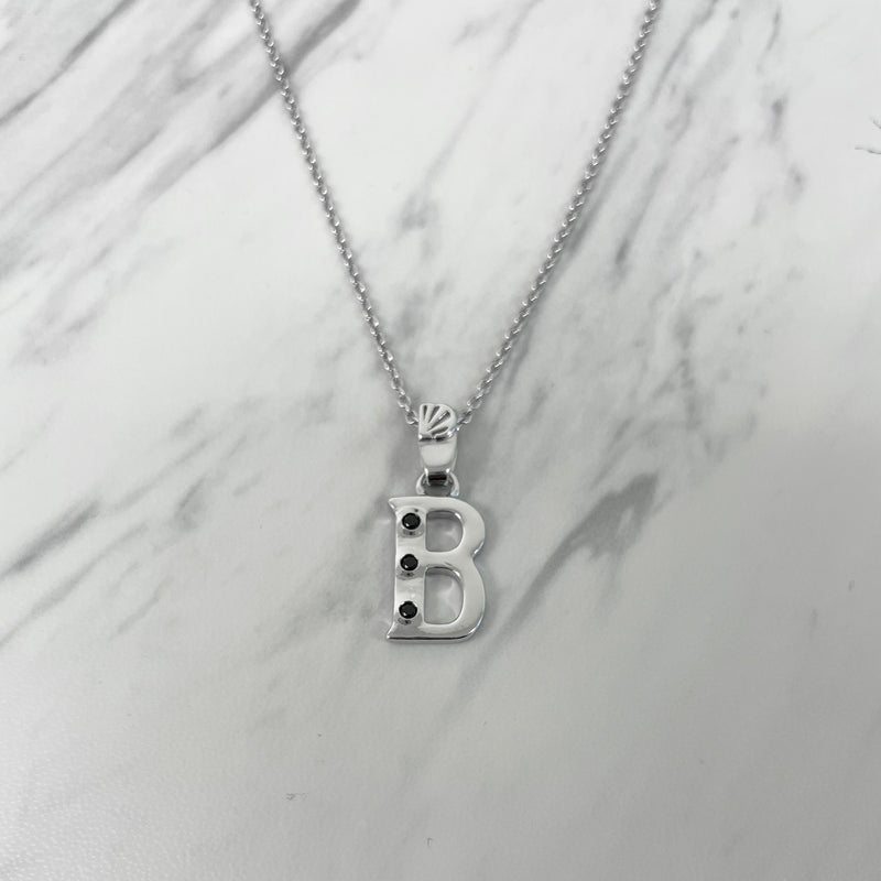 Alphabet B Sterling Silver Necklace with 3 Black Cubic Zirconia Stones