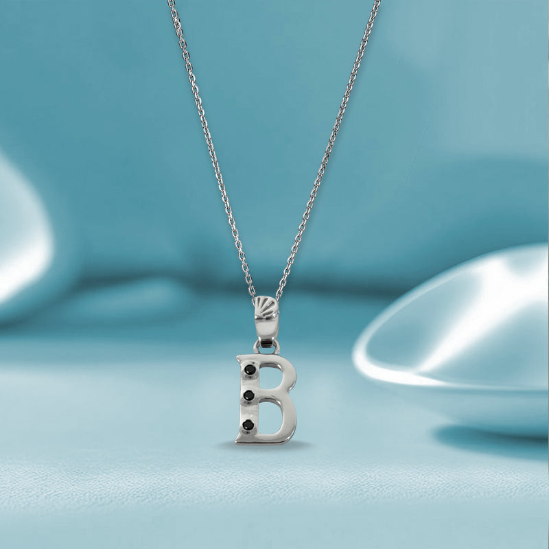 Alphabet B Sterling Silver Necklace with 3 Black Cubic Zirconia Stones
