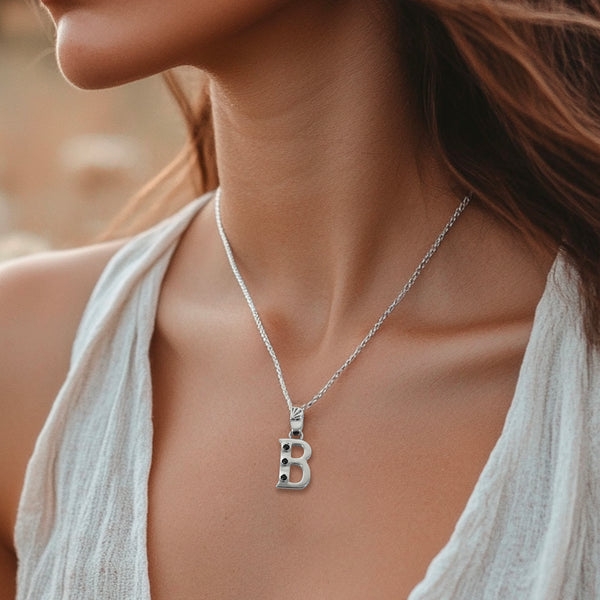 Alphabet B Sterling Silver Necklace with 3 Black Cubic Zirconia Stones