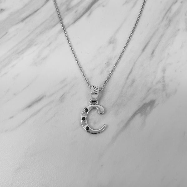 Alphabet C Sterling Silver Necklace with 3 Black Cubic Zirconia Stones