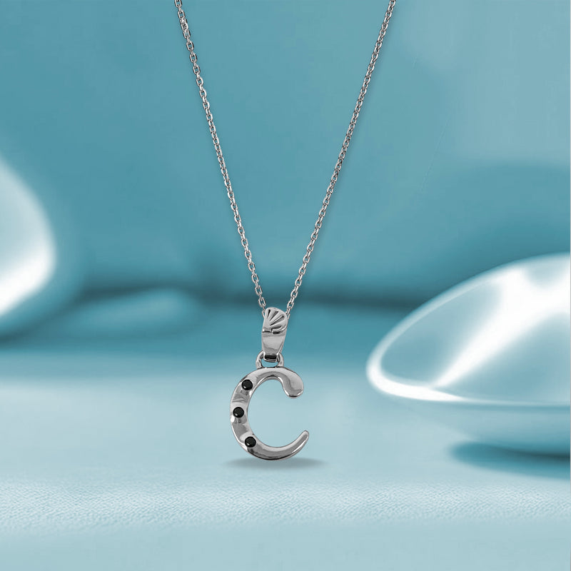 Alphabet C Sterling Silver Necklace with 3 Black Cubic Zirconia Stones