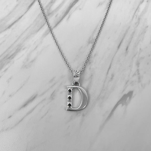 Alphabet D Sterling Silver Necklace with 3 Black Cubic Zirconia Stones