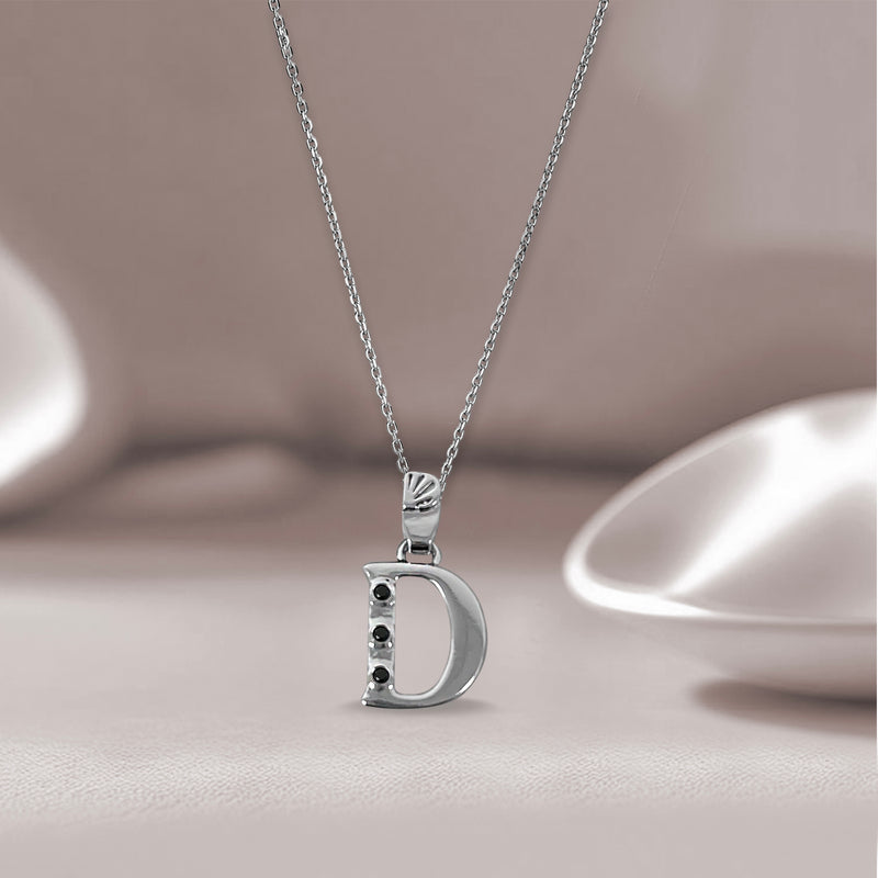 Alphabet D Sterling Silver Necklace with 3 Black Cubic Zirconia Stones