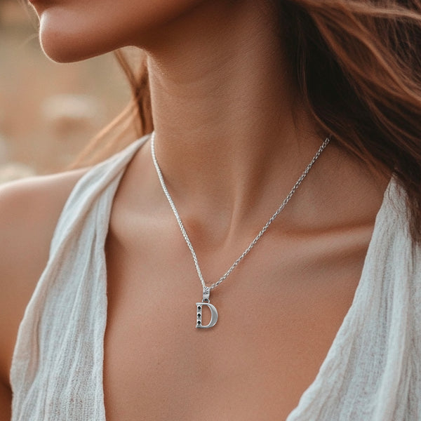 Alphabet D Sterling Silver Necklace with 3 Black Cubic Zirconia Stones