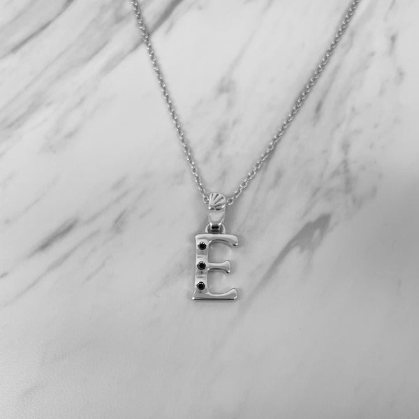 Alphabet E Sterling Silver Necklace with 3 Black Cubic Zirconia Stones