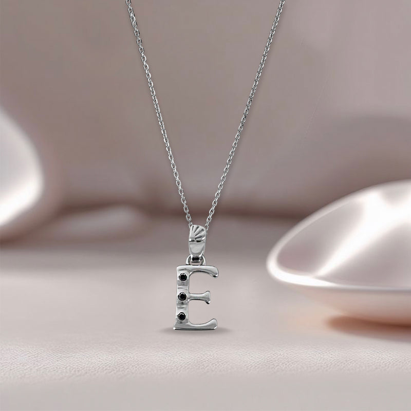Alphabet E Sterling Silver Necklace with 3 Black Cubic Zirconia Stones