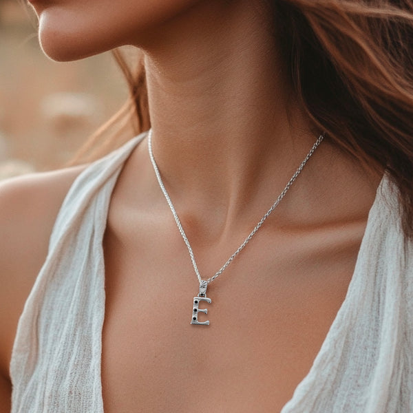 Alphabet E Sterling Silver Necklace with 3 Black Cubic Zirconia Stones