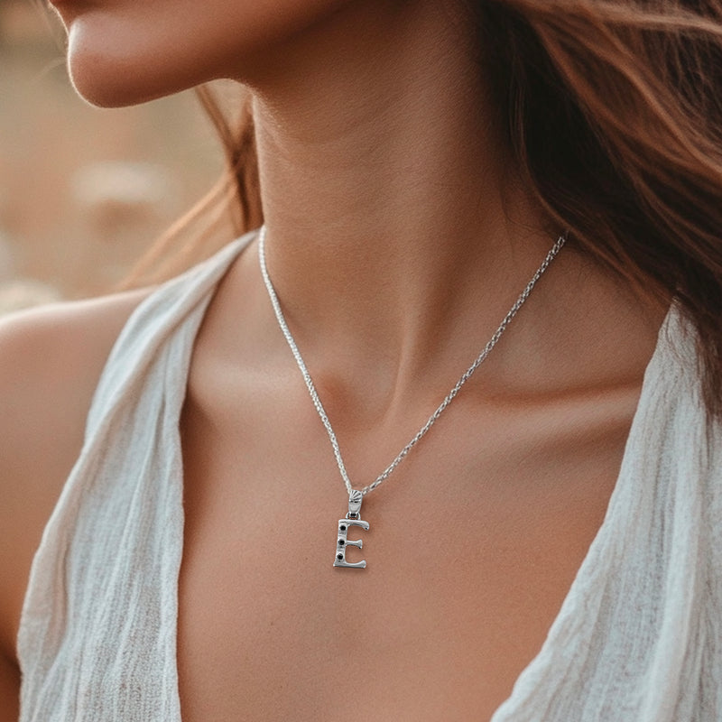 Alphabet E Sterling Silver Necklace with 3 Black Cubic Zirconia Stones