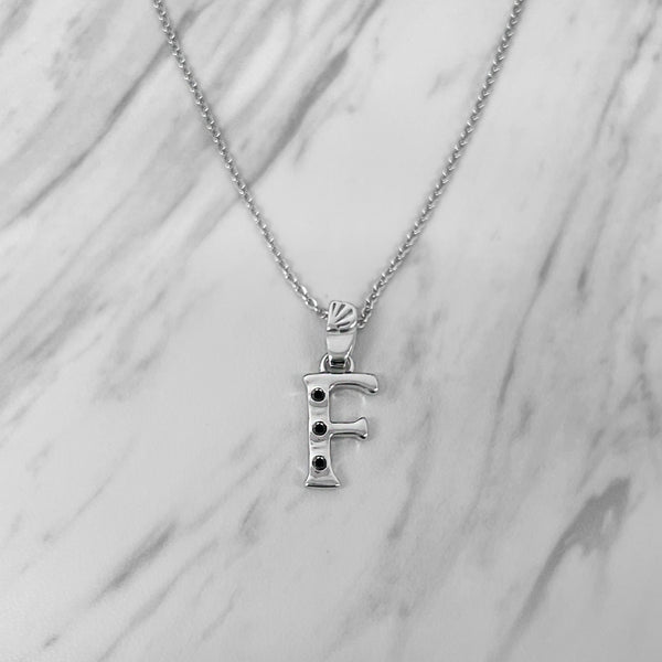 Alphabet F Sterling Silver Necklace with 3 Black Cubic Zirconia Stones