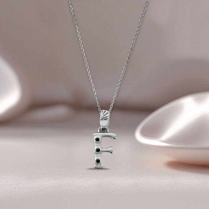 Alphabet F Sterling Silver Necklace with 3 Black Cubic Zirconia Stones