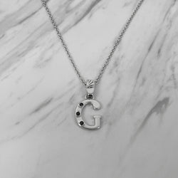 Alphabet G Sterling Silver Necklace with 3 Black Cubic Zirconia Stones