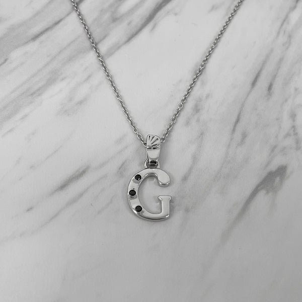 Alphabet G Sterling Silver Necklace with 3 Black Cubic Zirconia Stones