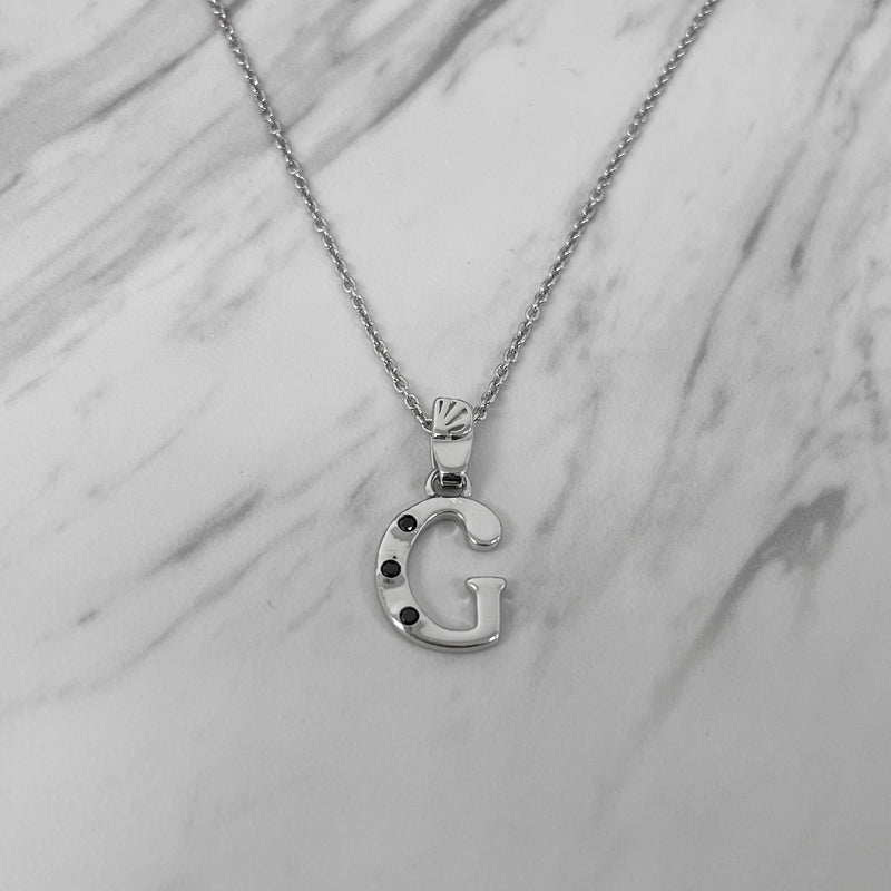 Alphabet G Sterling Silver Necklace with 3 Black Cubic Zirconia Stones
