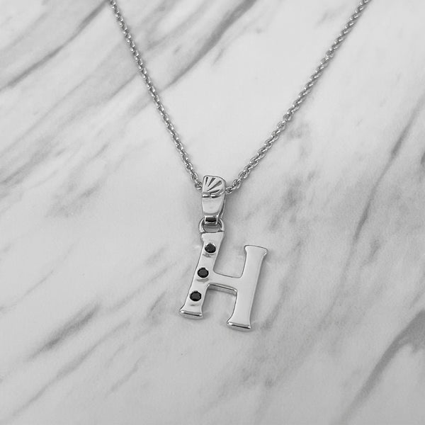 Alphabet H Sterling Silver Necklace with 3 Black Cubic Zirconia Stones