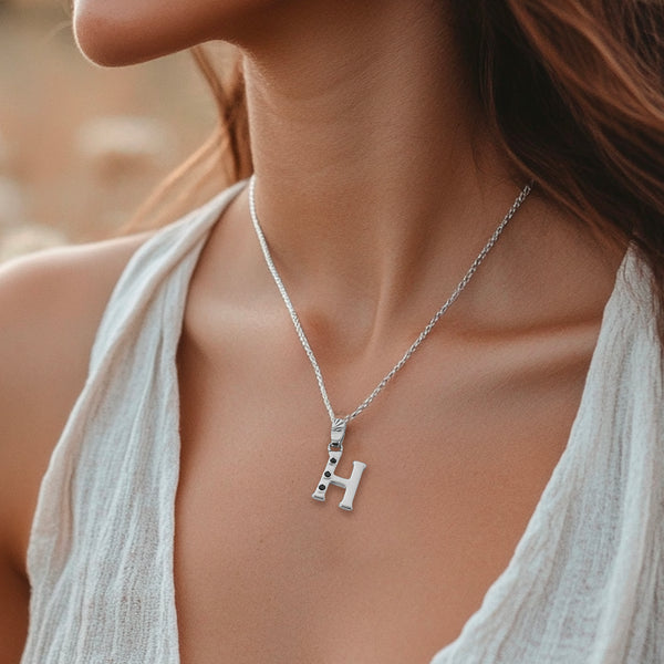 Alphabet H Sterling Silver Necklace with 3 Black Cubic Zirconia Stones
