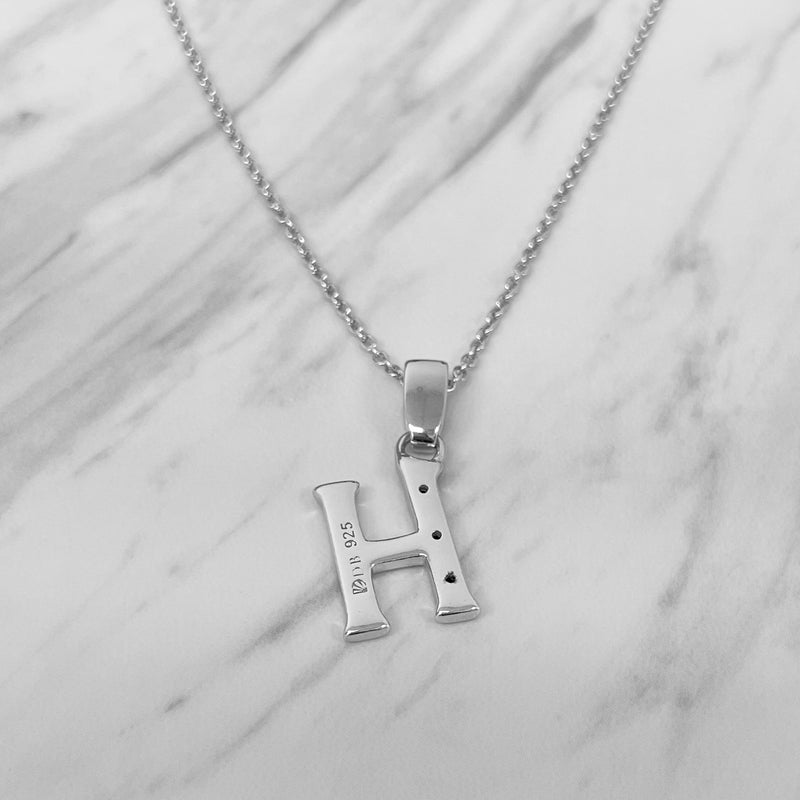 Alphabet H Sterling Silver Necklace with 3 Black Cubic Zirconia Stones