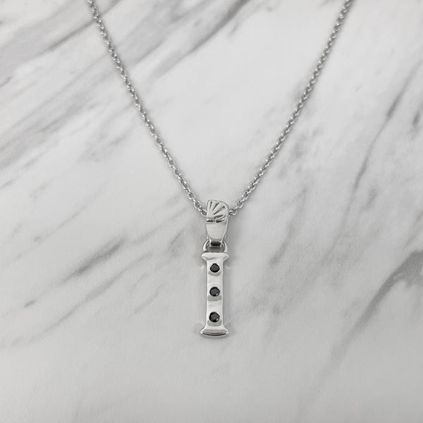 Alphabet I Sterling Silver Necklace with 3 Black Cubic Zirconia Stones