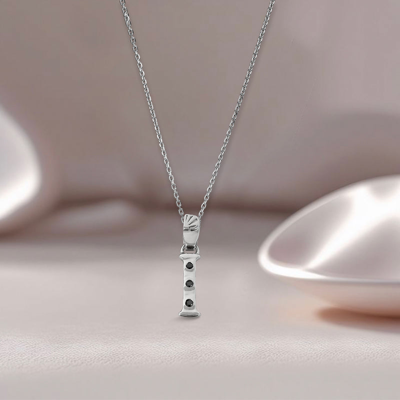 Alphabet I Sterling Silver Necklace with 3 Black Cubic Zirconia Stones