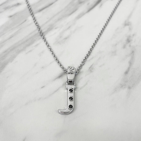 Alphabet J Sterling Silver Necklace with 3 Black Cubic Zirconia Stones