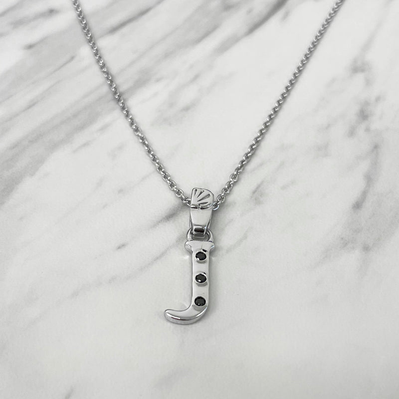 Alphabet J Sterling Silver Necklace with 3 Black Cubic Zirconia Stones