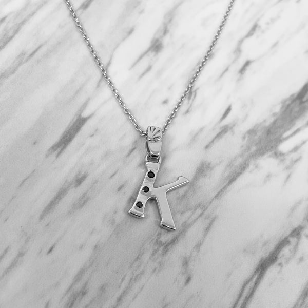 Alphabet K Sterling Silver Necklace with 3 Black Cubic Zirconia Stones