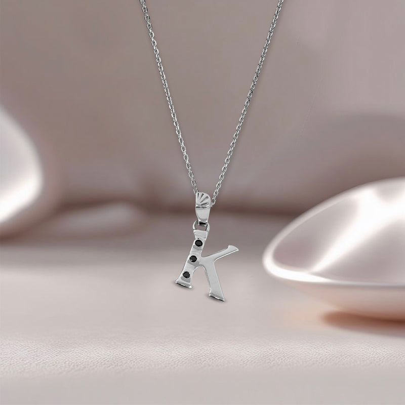 Alphabet K Sterling Silver Necklace with 3 Black Cubic Zirconia Stones