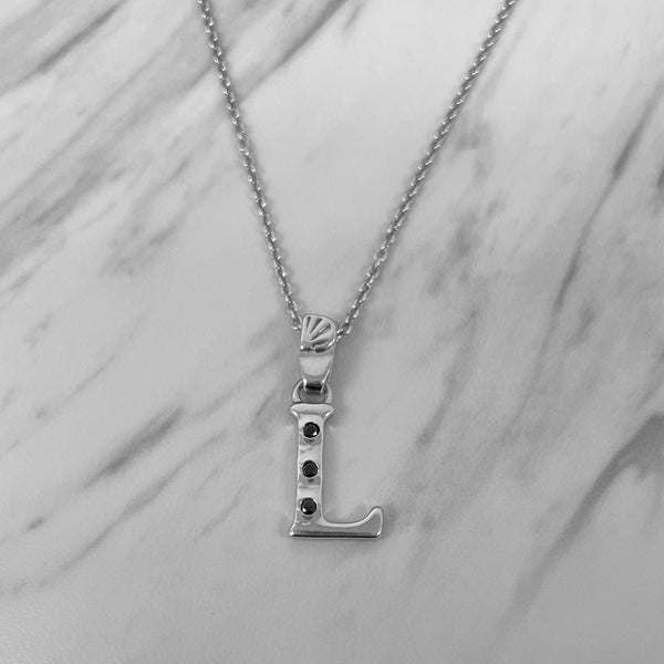 Alphabet L Sterling Silver Necklace with 3 Black Cubic Zirconia Stones