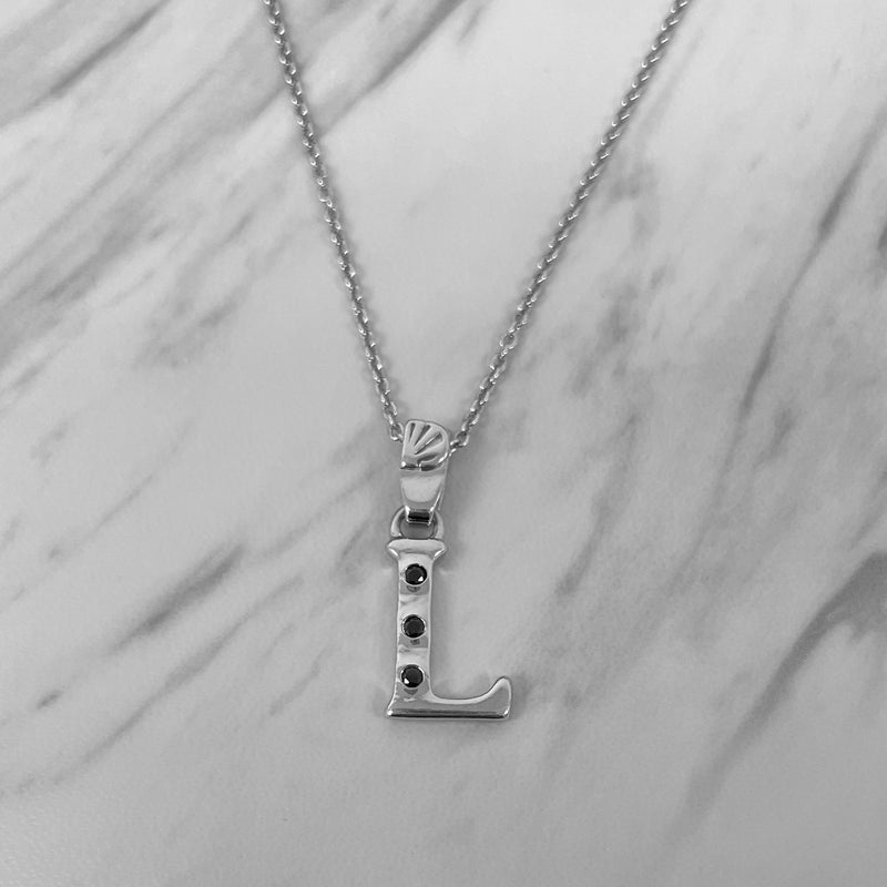 Alphabet L Sterling Silver Necklace with 3 Black Cubic Zirconia Stones