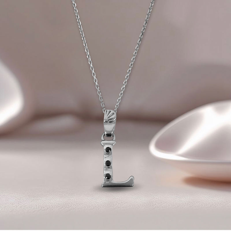 Alphabet L Sterling Silver Necklace with 3 Black Cubic Zirconia Stones