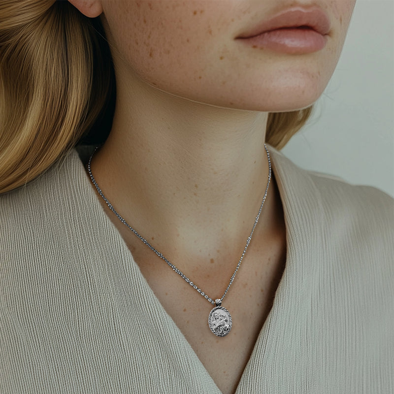 Sterling Silver Thorn Frame Virgin Mary Necklace - Divine Box