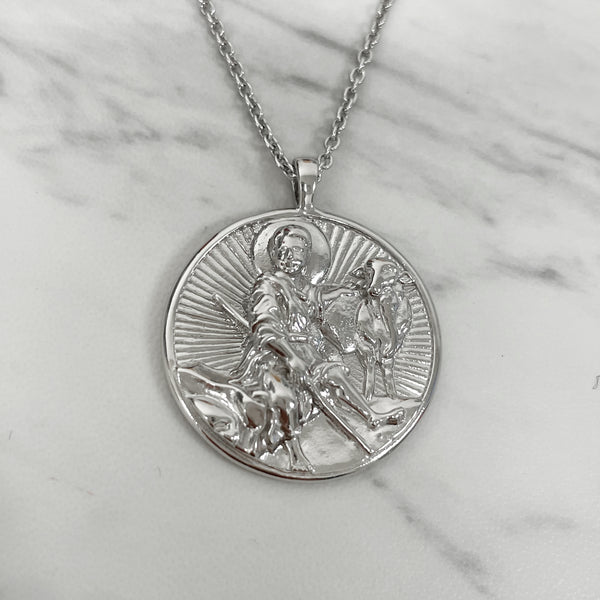 Sterling Silver Young Shepherd Christ Round Necklace - Divine Box