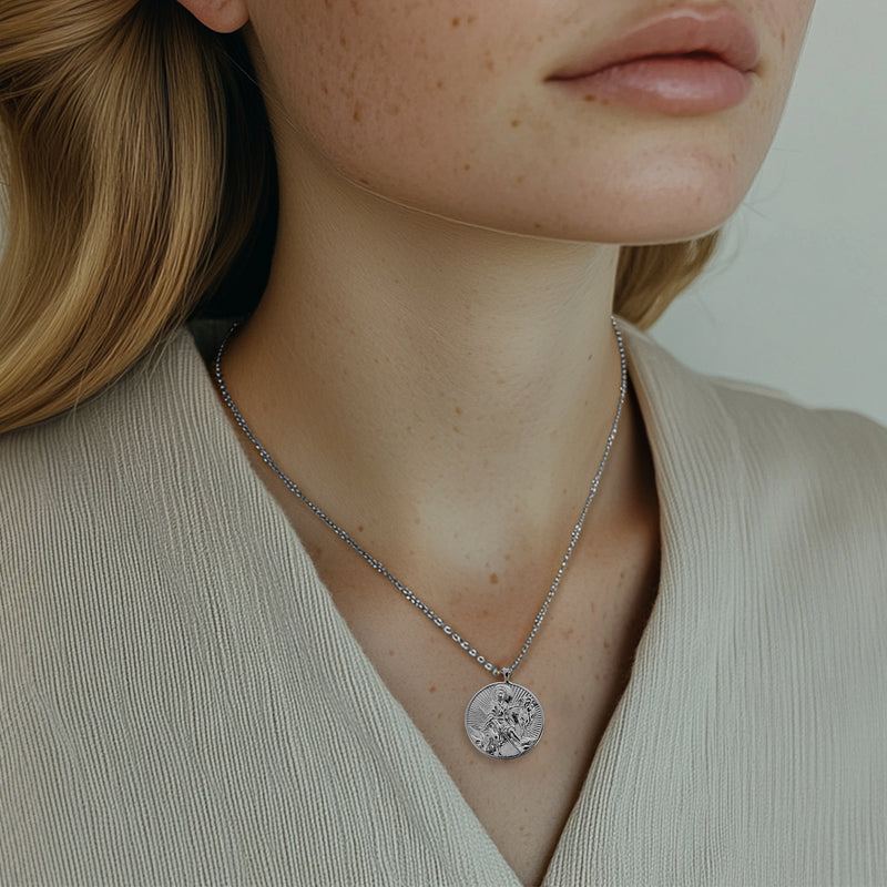 Sterling Silver Young Shepherd Christ Round Necklace - Divine Box