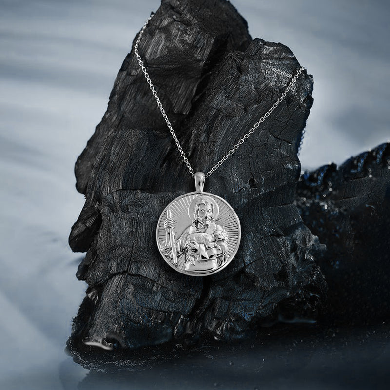 Sterling Silver Good Shepherd Christ Round Necklace - Divine Box