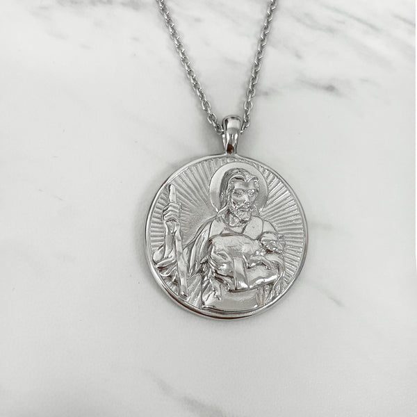 Sterling Silver Good Shepherd Christ Round Necklace - Divine Box