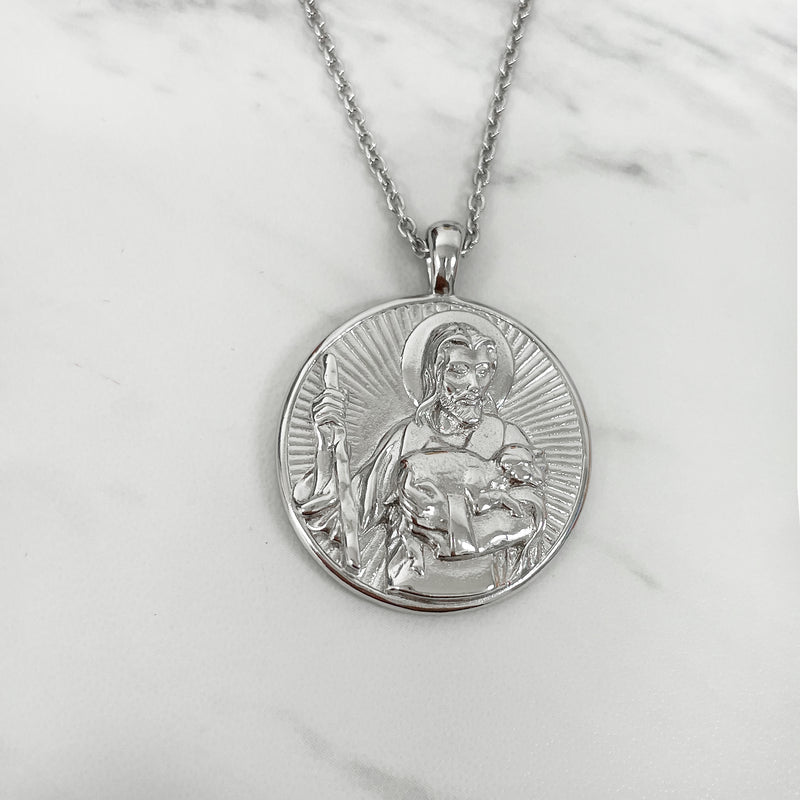 Sterling Silver Good Shepherd Christ Round Necklace - Divine Box