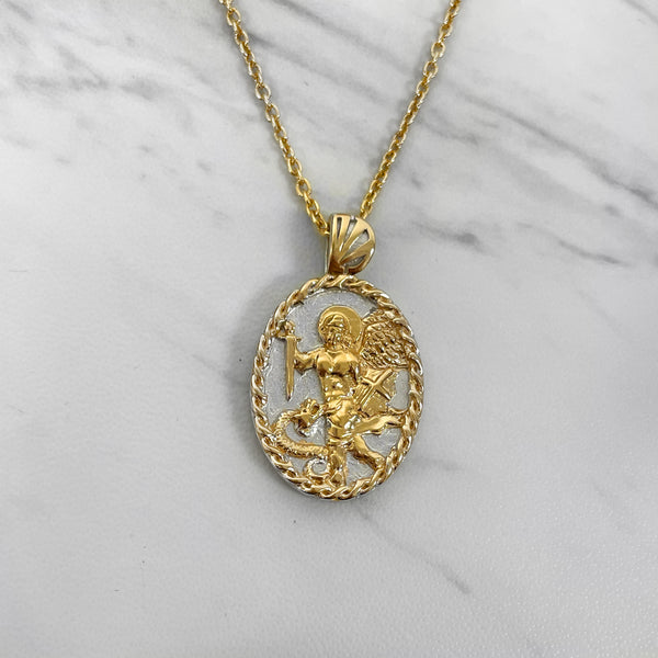 18K Gold Vermeil Thorn Frame Two Tone Saint Michael Necklace