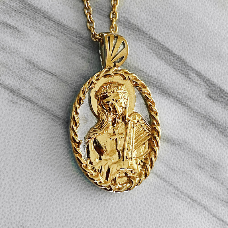 18K Gold Vermeil Two Tone Saint Cecilia Necklace Harp - Divine Box