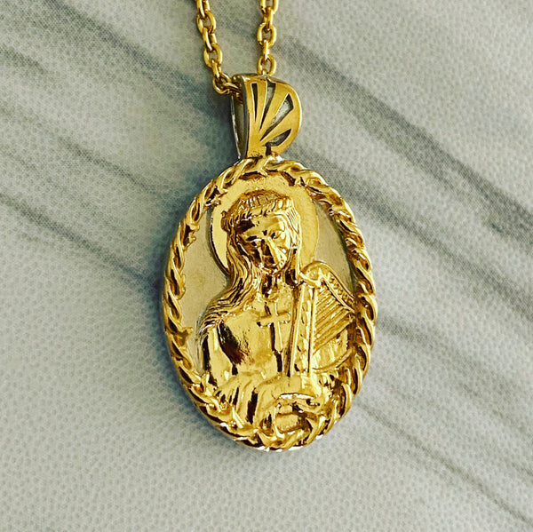 18K Gold Vermeil Thorn Frame Saint Cecilia Necklace Harp - Divine Box