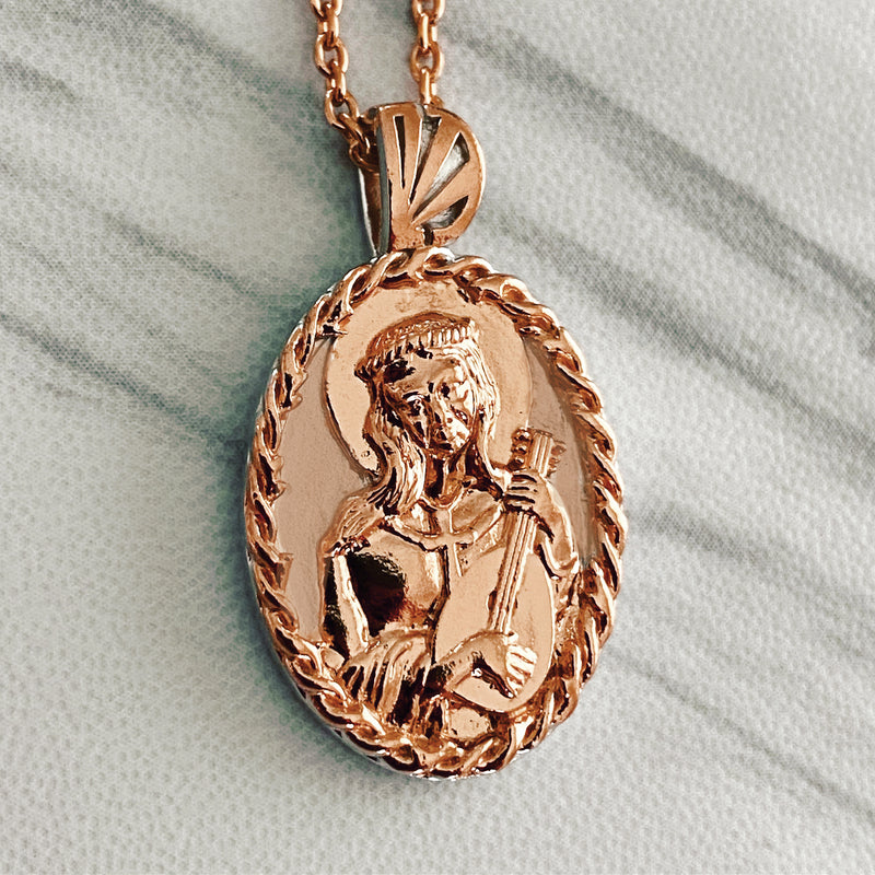 18K Rose Gold Vermeil Thorn Frame Saint Cecilia with Guitar Necklace - Divine Box