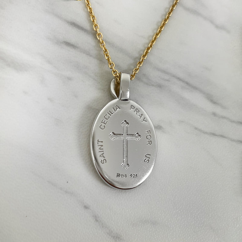 18K Gold Vermeil Thorn Framed Two Tone Saint Cecilia Necklace Guitar - Divine Box