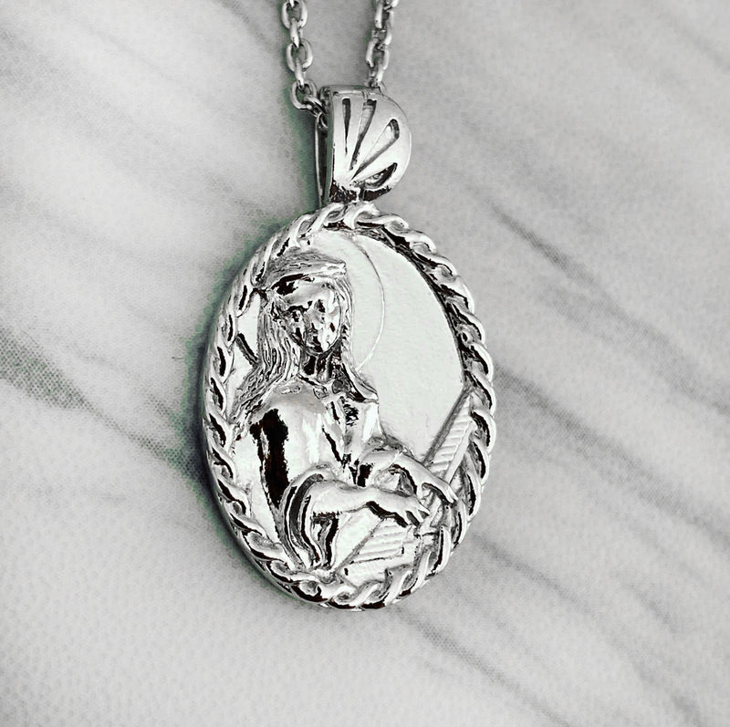 Sterling Silver Thorn Frame Saint Cecilia with Piano Necklace - Divine Box