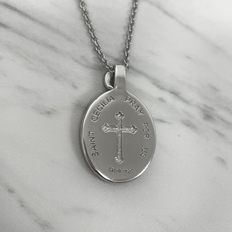 Sterling Silver Thorn Frame Saint Cecilia with Piano Necklace - Divine Box