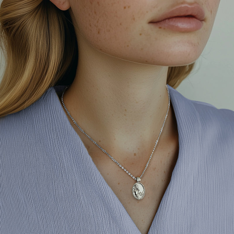 Sterling Silver Thorn Frame Saint Cecilia with Piano Necklace - Divine Box