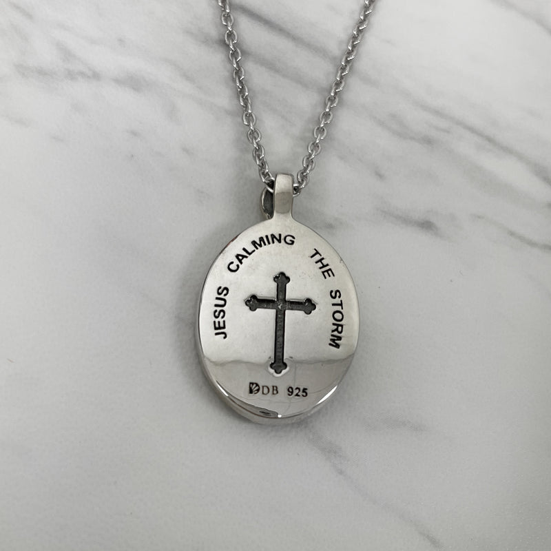 Antique Finish Sterling Silver Thorn Frame Jesus Calming the Storm Necklace - Divine Box