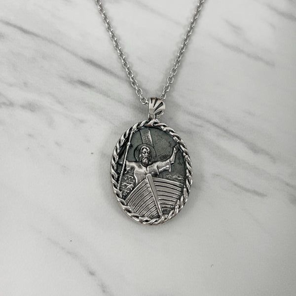 Antique Finish Sterling Silver Thorn Frame Jesus Calming the Storm Necklace - Divine Box