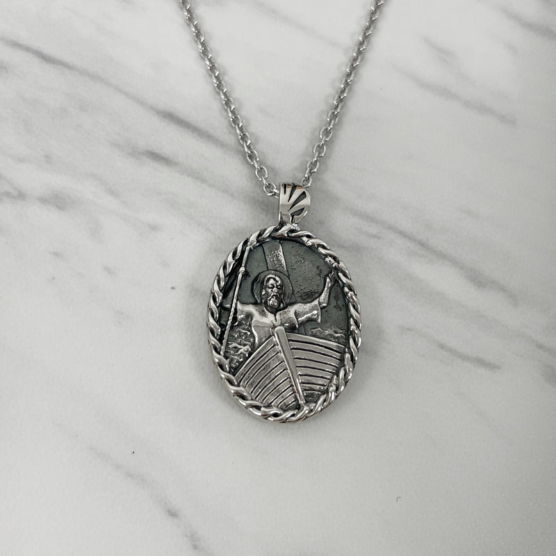 Antique Finish Sterling Silver Thorn Frame Jesus Calming the Storm Necklace - Divine Box
