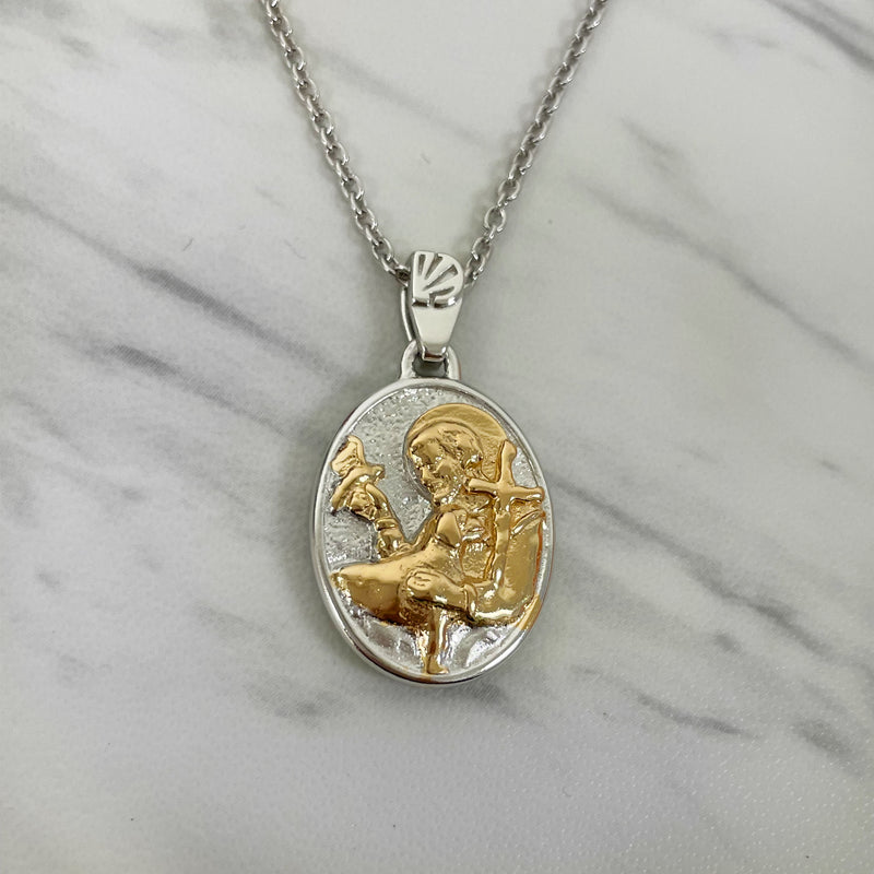 18K Gold Vermeil Two Tone Saint Francis Necklace